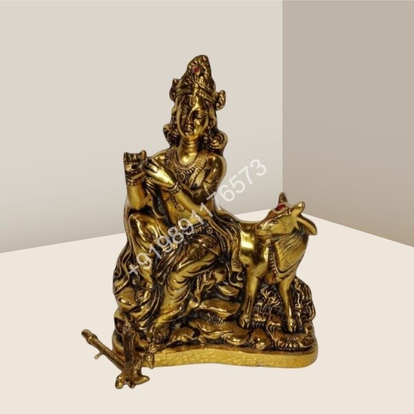 Brass Cow Krishna Statue